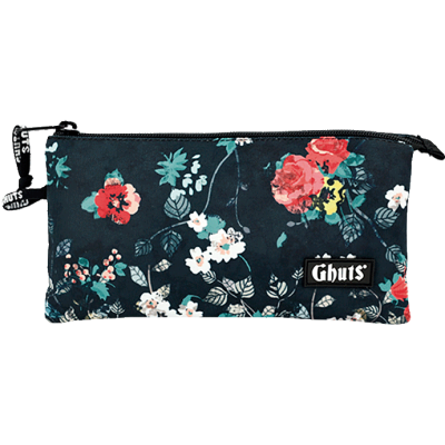 Estojo floral preto com fecho de correr e etiqueta Ghuts