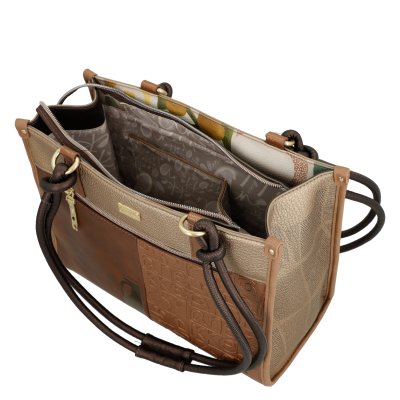 Mala de Senhora em tons castanhos e bege, interior forrado com padrão cinza.