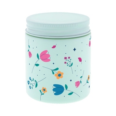 Frasco redondo branco com tampa e flores coloridas decorativas