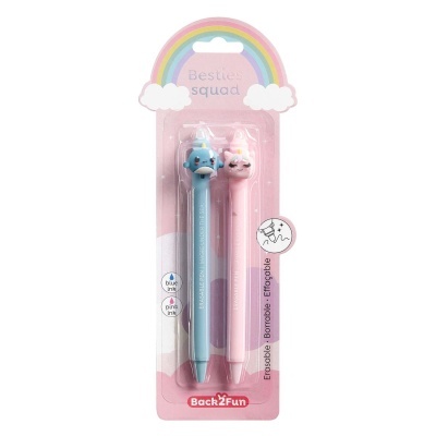 Pack de duas canetas apagáveis azul e rosa com tampas de animais em embalagem cor-de-rosa com arco-íris