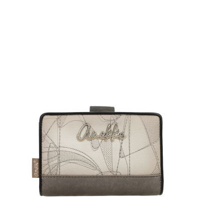 Carteira bege e castanha com logo metálico Anekke e padrão abstrato
