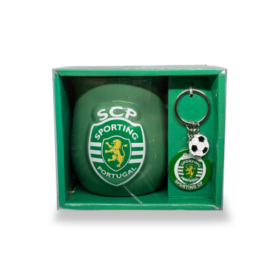 Conjunto verde com caneca e porta-chaves do Sporting CP em caixa