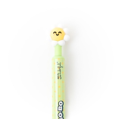 Caneta pena verde com topo de flor sorridente amarela