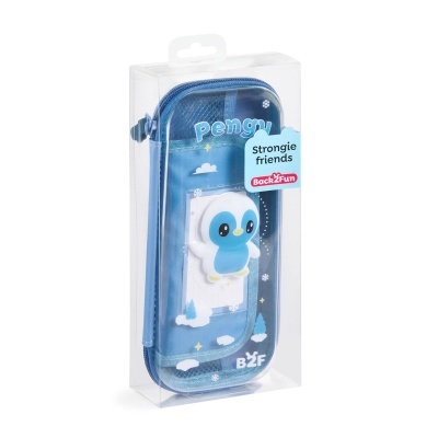 Estojo azul com pinguim em embalagem transparente