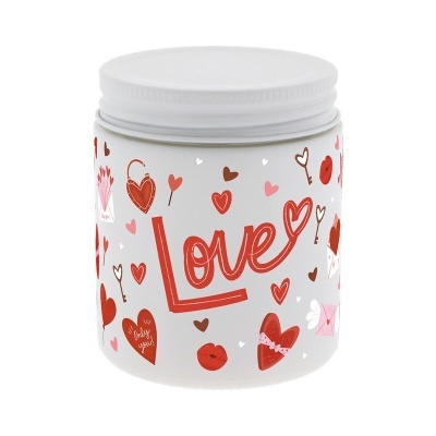 Frasco branco com decoração de corações e texto Love