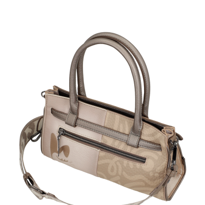 Mala de mão castanho claro com padrão abstrato em pele e alça removível estampada