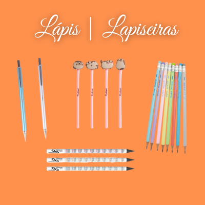 Conjunto de lápis e lapiseiras coloridas e decoradas sobre fundo laranja