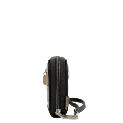 Carteira fina preta com fecho metálico e alça de pulso