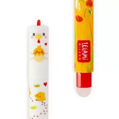 Apontador com design de galinha e pintinhos e borracha com capa amarela floral LEGAMI MILANO