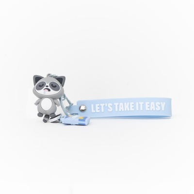 Chaveiro de silicone azul com figura de animal e texto LETS TAKE IT EASY