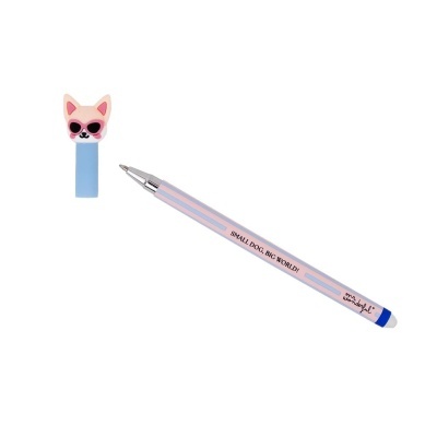 Caneta azul e rosa com tampa decorada com figura de cão com óculos de sol