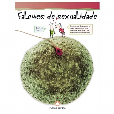 Capa do livro 'Falemos de sexualidade' com desenho de um seio verde e duas crianças com balões de fala