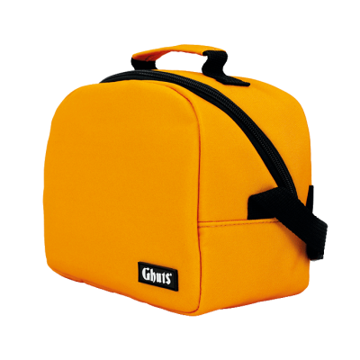 Mala quadrada amarela com fecho preto e etiqueta Gibus