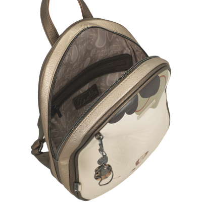 Mochila pequena dourado bronze com bolso frontal e chaveiro