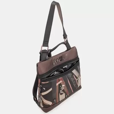 mala de ombro preta com padrão abstrato e texto Anekke