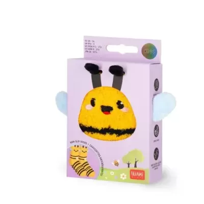 Caixa lilás de meias infantis com padrão de abelha amarela e preta