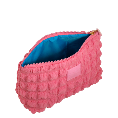 Necessaire rosa texturizada com interior azul aberto