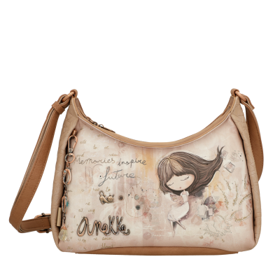 Mala de ombro bege com ilustração feminina e texto Anekke