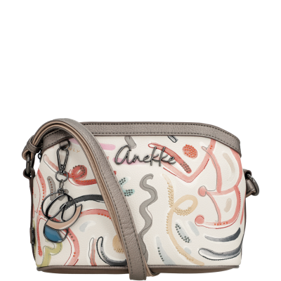 Bolsa de ombro Anekke bege com padrão abstrato colorido e detalhes metálicos
