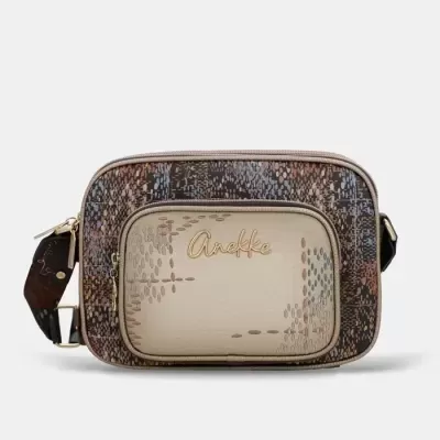 Bolsa de ombro Anekke padrão castanho e bege com logo dourado