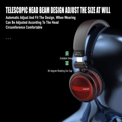 Fones de ouvido preto e vermelho com design ajustável e auricular giratório