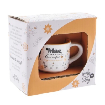 Caixa decorativa com caneca branca e texto para mãe