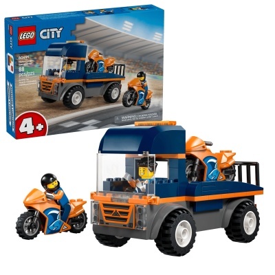 Conjunto LEGO City Motorcycle Transporter com camião azul e duas motos laranja.