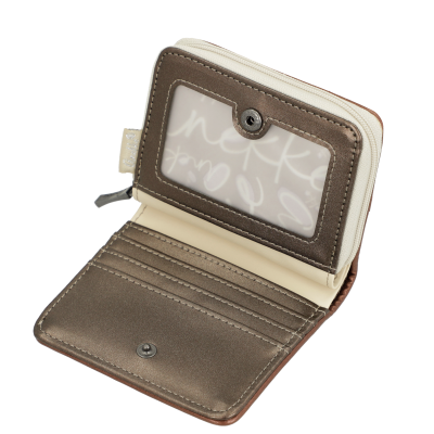Carteira castanha e bege com compartimentos para cartões e porta-cartão transparente