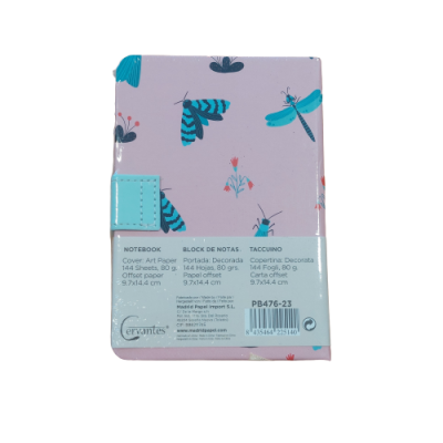 Caderno lilás com ilustrações de insetos e fecho azul claro