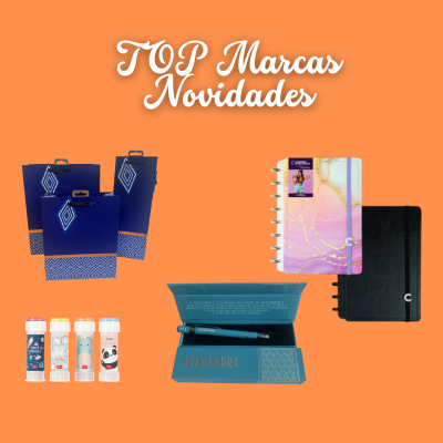 Produtos de papelaria e acessórios sobre fundo laranja com texto TOP Marcas Novidades.