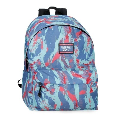 Mochila Reebok azul com padrão abstrato em vermelho e azul claro