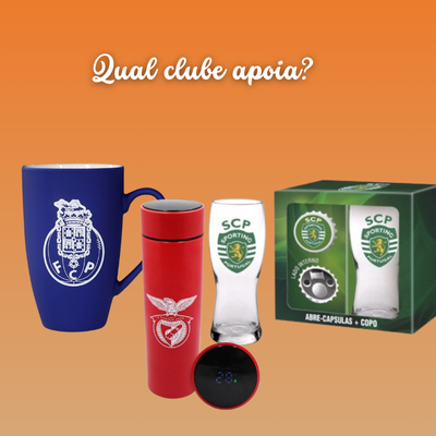 Caneca azul FC Porto, garrafa térmica vermelha SL Benfica, copo de cerveja Sporting CP e embalagem verde de produto