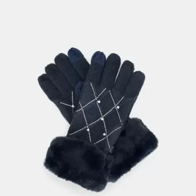 Luvas pretas com detalhe decorativo e punhos felpudos