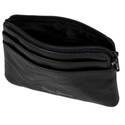 Carteira preta em pele com fecho de correr e logo Pepe Jeans