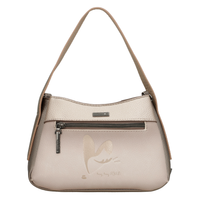 Mala bege e creme com fecho em zíper e design try, try again