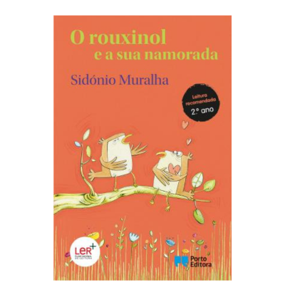 Capa do livro 'O rouxinol e a sua namorada' com ilustração de dois pássaros num ramo sobre fundo laranja.