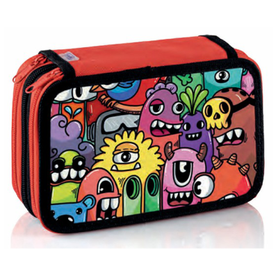 Estojo retangular com padrão colorido de monstros cartoon