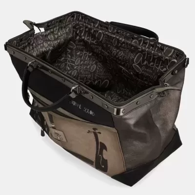 Mala de viagem grande castanha e preta com bolso decorado com violino e interior padrão Anekke