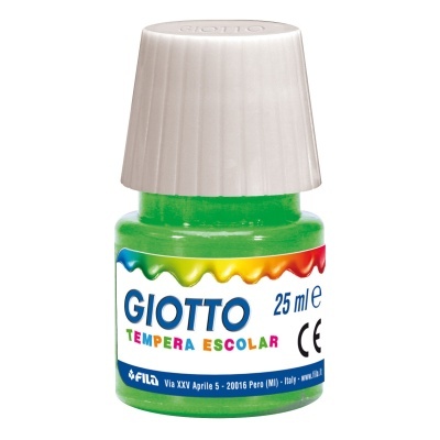 Frasco de tinta guache verde Giotto com tampa branca e rótulo colorido