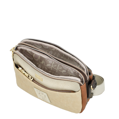 Bolsa de ombro bege e castanha com fechos de correr e alça ajustável