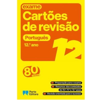 Cartões de revisão em português para 12.º ano da Porto Editora com texto em amarelo e laranja