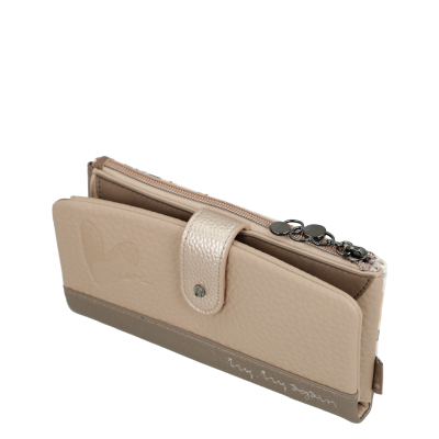 Carteira feminina bege em couro com fecho e detalhe cinza