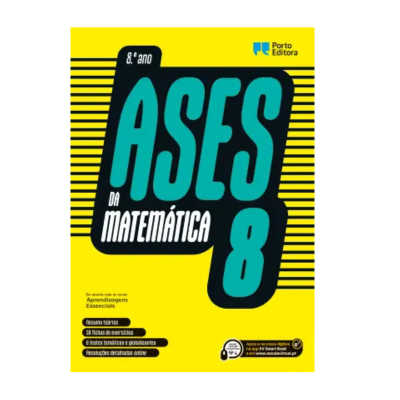 Capa do livro Ases da Matemática 8.º ano da Porto Editora em amarelo, azul e preto