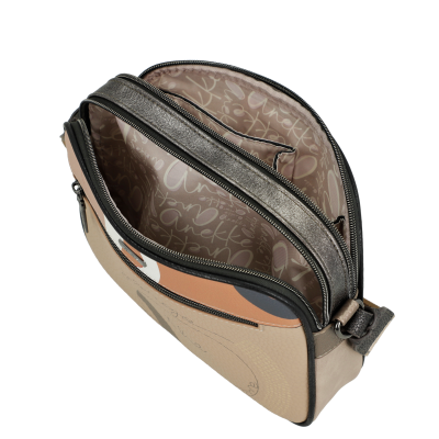 Mala tiracolo bege e castanha com interior estampado e fechos