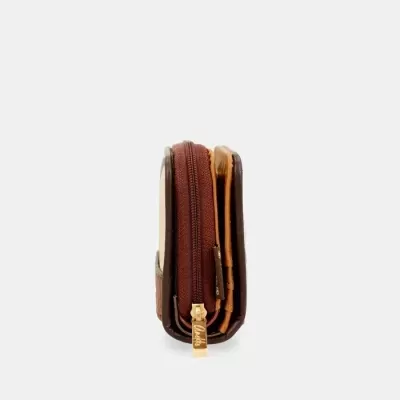 Porta-moedas castanho e bege com fecho dourado