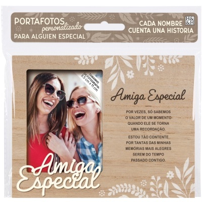 Porta-fotos de madeira 'Amiga Especial' com padrão floral e texto em português