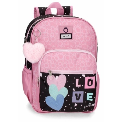 Mochila rosa e preta com corações e texto LOVE