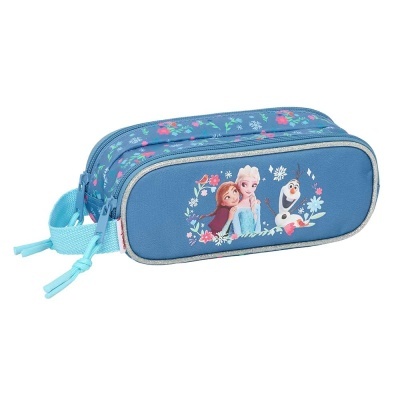 Estojo azul com personagens da Frozen e padrão floral