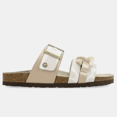 Chinelo sandália bege e branco com sola de cortiça