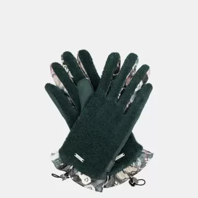 Luvas verdes escuras com interior camuflado e cordões ajustáveis nos punhos